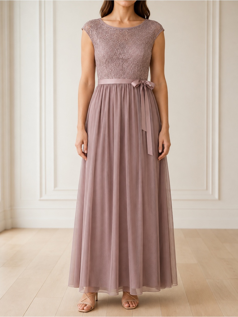 Candalite NWT Size XL Mauve Sequin Lace Tulle Formal Maxi Dress Sash Comfortable
